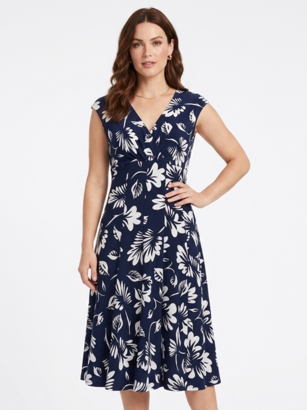 Lauren Ralph Lauren Navy & White Floral V Neck Fit & Flare Dress